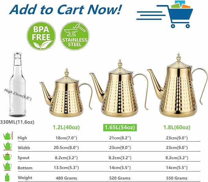 SANQIAHOME 1.6L(54oz) Stainless Steel Hammer Patterned Teapot With Removeable Infuser,Loose leaf cover,Gold