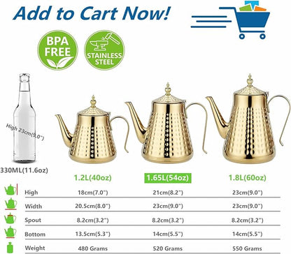 SANQIAHOME 1.6L(54oz) Stainless Steel Hammer Patterned Teapot With Removeable Infuser,Loose leaf cover,Gold
