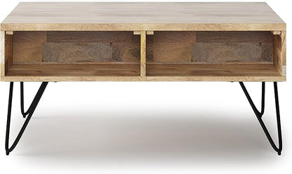 SIMPLIHOME Hunter Small Lift Top Coffee Table - 36 inch Wide Solid Mango Wood and Metal Industrial Cocktail Table in Natural, Living Room Table with Hidden Storage, 2 Cubbies, and Hairpin Legs