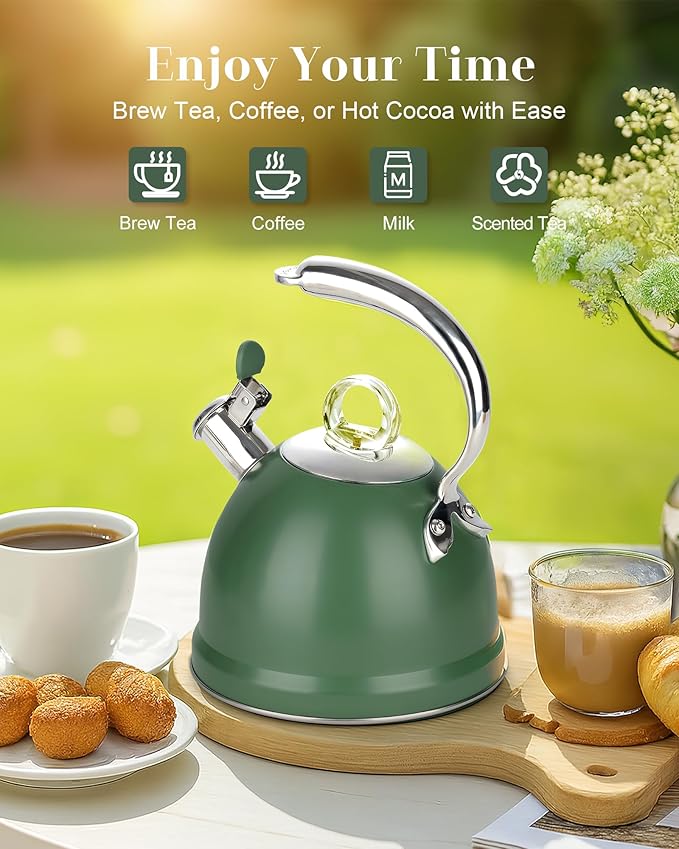 Harriet Tea Kettle Stovetop, 2.5 Quart Whistling Stainless Steel Tea Pot, 3-Layer Base, Unique Ergonomic Handle, Includes Pot Holder & Mat, Electric/Induction/Gas Stovetops Applicable, Green