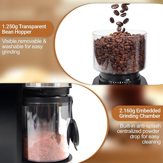 Electric Burr Coffee Grinder with 25 Grind Setting for 2-12 Cup Adjustable Stainless Steel Dosing Bean Mill Home Automatic Conical Freshly Ground Espresso Grinder with Cleaning Brush Black