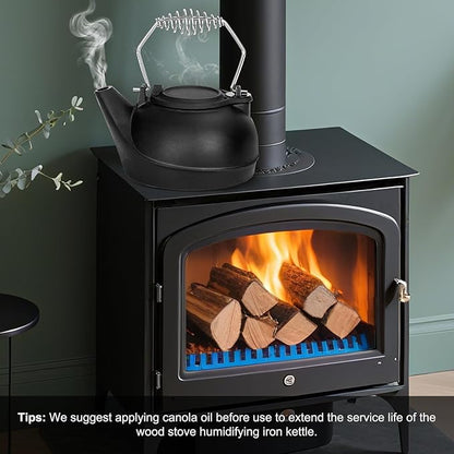 Gtongoko Wood Stove Steamer 3 Quart Cast Iron Humidifier Kettle for Wood Stove, Fireplace Steamer Humidifier with Wide Mouth, Cool-Touch Handle, Home Indoor Decorative Black