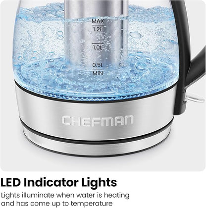 CHEFMAN Electric Kettle - 1.2L 1500W Hot Water Tea Pot with Infuser, BPA Free, Auto Shut Off, Boil-Dry Protection, Removable Lid, LED Light, Cordless Glass Electric Tea Kettle – Stainless Steel