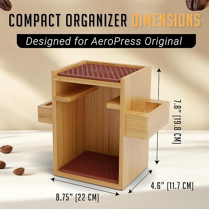 HEXNUB – Compact AeroPress Organizer Stand, Bamboo Coffee Caddy for AeroPress Coffee Maker, Accessories, Filters, Cups, Includes Mats - Brown