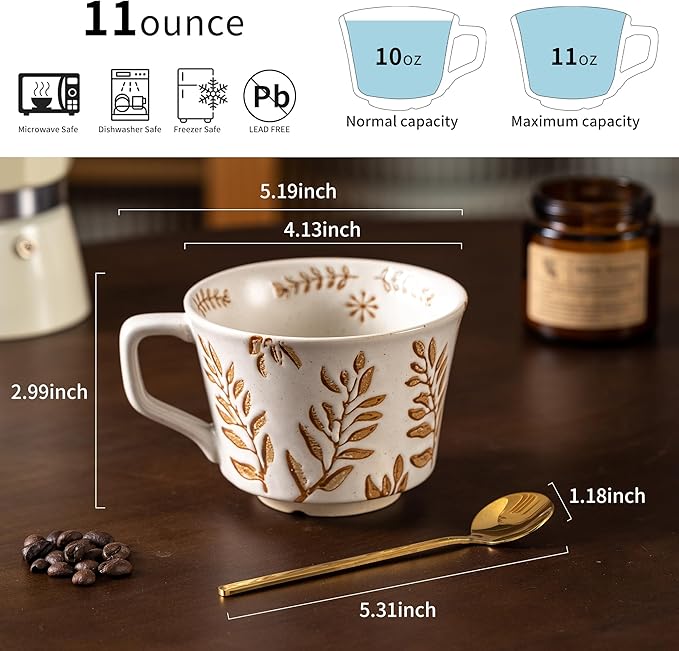 Ceramic Mugs 11 oz Unique Luxurious Cups Set of 4 with Premium Spoon, Mug for Coffee Milk Latte Cappuccino Tea, for Office Home Dishwasher Birthday Gift Microwave Freezer Safe Stoneware Mixed