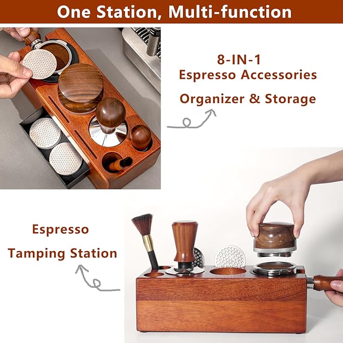 Espresso Tamping Station - 8 in 1 Espresso Organizer for Stroage 51/53/54/58mm Coffee Tamper Distributor Portafilter Puck Screen Accessories