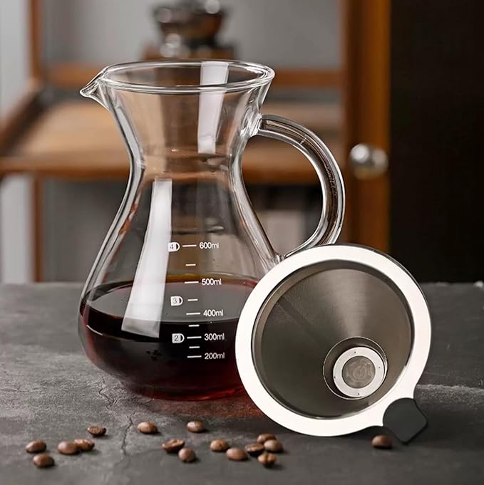 Pour Over Coffee Maker - 20 Oz (600ml) Borosilicate Glass Carafe - Reusable Stainless Steel Filter Paperless Dripper - For Home & Office & Resteraunt & Camping