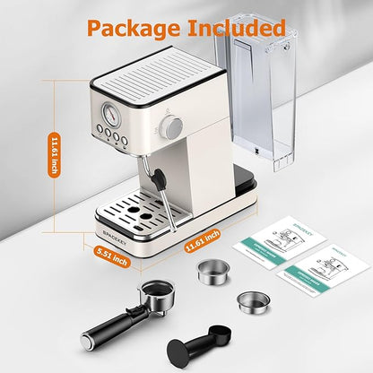 Spacekey Espresso Machine 20 Bar, Espresso Maker with Milk Frother Steam Wand, Stainless Steel Espresso Coffee Machines for Home, Cappuccino, Latte Maker with 58oz Removable Water Tank, White