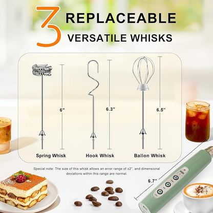 YUSWKO Granite Green Handheld Milk Frother Wand for Coffee, Rechargeable Electric Whisk with 3 Heads 3 Speeds Drink Mixer Coffee Frother For Latte, Cappuccino, Hot Chocolate, Egg