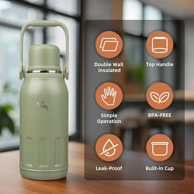 Insulated Water Bottle with Handle and Strap,Vacuum Travel Tumbler with Cup Lid,Thermo Coffee Cup for Hot Cold Drinks 40 OZ,Army Green