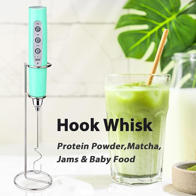 Milk Frother with Stand Rechargeable- Handheld Coffee Frother with 3 Stainless Whisks 3 Speed Adjustable, Electric Whisk Drink Mixer, Foam Maker Blender for Matcha Latte Cappuccino Chocolate