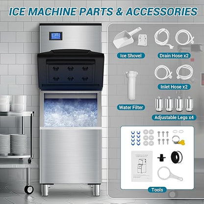 Large Commercial Ice Maker Machine: 500lbs/24H Production, with 350lbs Ice Storage Bucket, 156 Ice Cubes in 6-15 Mins - Stainless Steel Industrial Ice Maker for Restaurant, Bar, Cafe, Commercial Use
