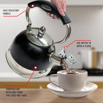 Load image into Gallery viewer, Emeril Lagasse 2.6 Quart/2.5 Liter Whistling Tea Kettle, Stainless Steel Tea Pot for Induction Stove Top, Fast to Boil Water for Home Kitchen Condo, w/Ergonomic Cool Folding Grip Handle, Black/Chrome