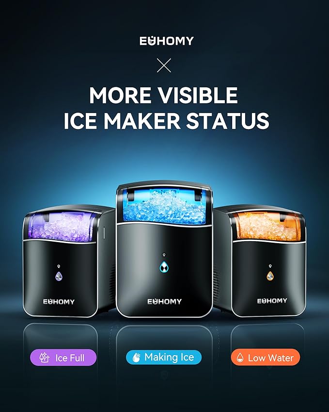 EUHOMY Smart Nugget Ice Maker Countertop, Pebble Ice Maker Machine with APP Control, 40lbs/24H, Ready in 7 Mins, Self-Cleaning, Portable Sonic Ice Makers with Hanging Ice Scoop for Home/Kitchen/Office