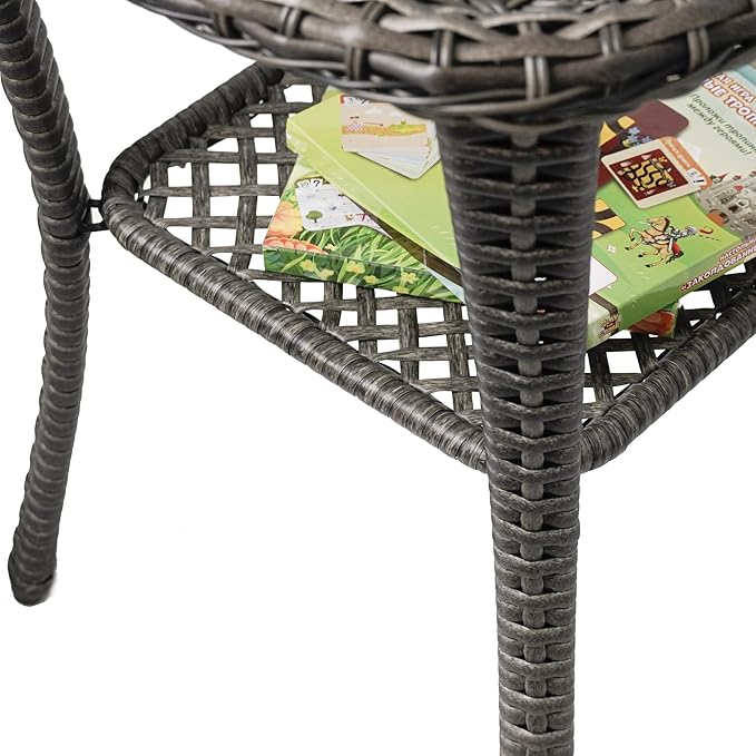 Outdoor Wicker Side Table,Double Rectangular Wicker Patio Table with Storage,All Weather Resin Rattan Patio Glass Coffee Desk for Garden,Backyard,Pool Indoor Companion