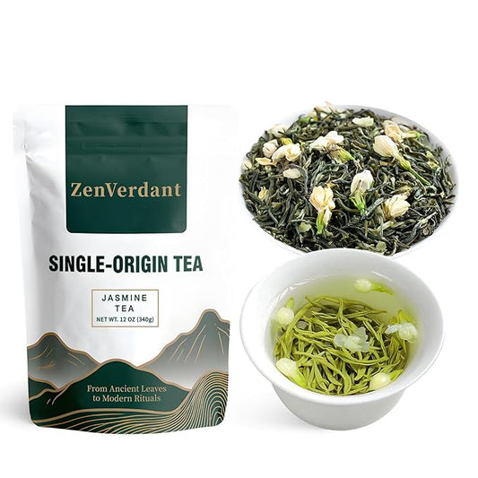 ZenVerdant Premium Jasmine Green Tea Loose Leaf, 12oz | 7x Scented, Low Caffeine, High Antioxidant | Cold Brew Ready, Smooth Taste, Natural Floral Notes