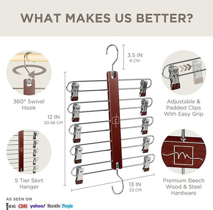 MORALVE Skirt Hangers Space Saving with Clips - 2 Pack - European Beechwood 5-Tier Hanger for Shorts, Skirts, and Pants - Closet Organizer and Storage Solution for Women with 360° Swivel Hook
