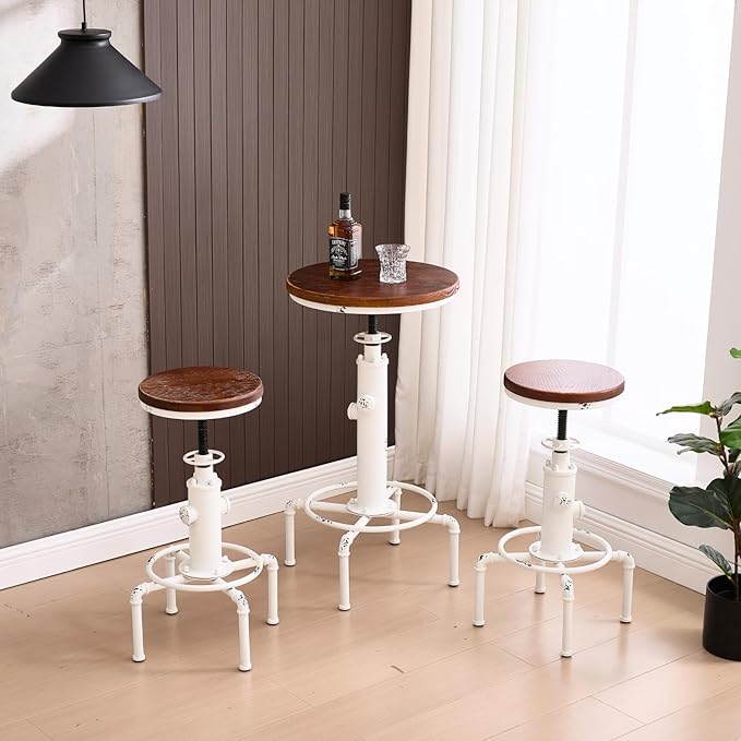 chairus Vintage Industrial Metal Bar Table, 32.75-38.5" Adjustable Counter Height Round Pub Table, 19.75" Dia Wood Top Hydrant Shape Frame, Rustic Small Bistro Cafe Cocktail Table, Distressed White