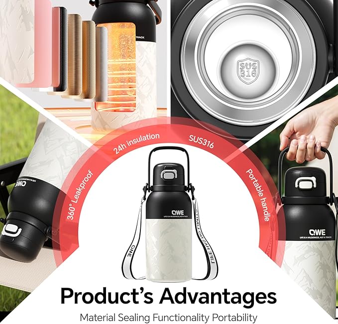 QWE Large Insulated Water Bottle with Straw&Lids,1200ml/40oz Vacuum Sealed Sport Bottles,Double Drinking,Stainless Steel Tumbler with Handle,LeakProof,BPA-Free,for Hiking,Gym,camp (Wilderness Black)