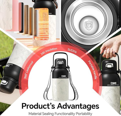 QWE Large Insulated Water Bottle with Straw&Lids,1200ml/40oz Vacuum Sealed Sport Bottles,Double Drinking,Stainless Steel Tumbler with Handle,LeakProof,BPA-Free,for Hiking,Gym,camp (Wilderness Black)