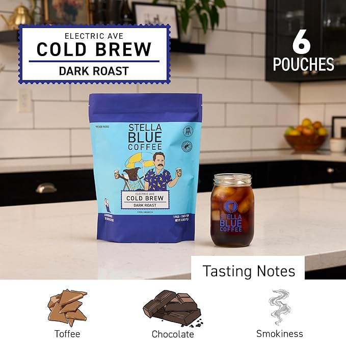 Stella Blue Cold Brew Coffee Bags, Electric Ave Blend, Dark Roast Ground Coffee, Smooth, Bold and Refreshing 100% Arabica, 6 Brew Packets, Makes 24 Cups, Rainforest Alliance Certified