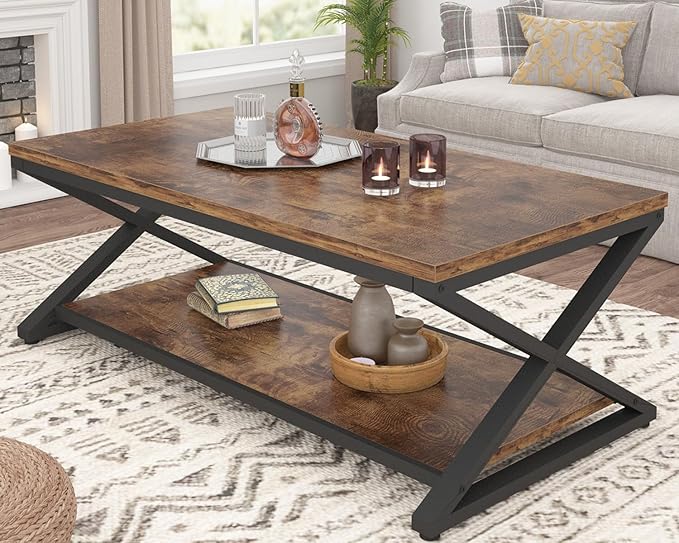 HSH Rustic Coffee Table with Storage Shelf, Industrial Metal Wood Living Room Table, Farmhouse Minimalist Rectangle Center Table, Vintage Simple 2 Tier Cocktail Tea Table, Rustic Brown, 47 Inch