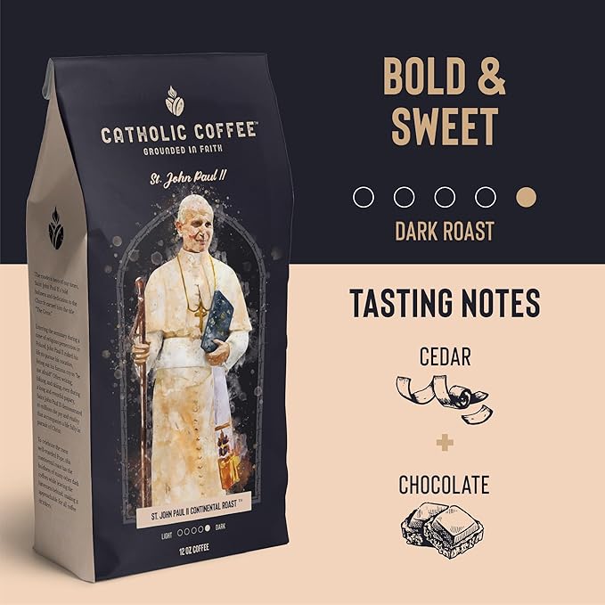 Catholic Coffee Pope St. John Paul II | Peruvian Dark Roast Ground Coffee – Cedar & Chocolate Notes | 12oz Bag – Bold Catholic Gift Inspired by a Modern Saint