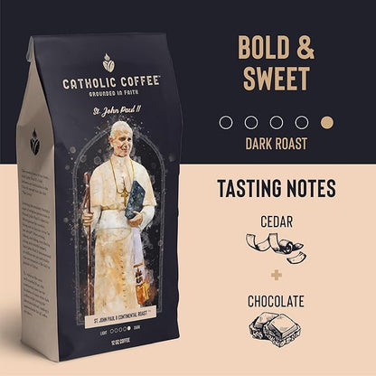 Catholic Coffee Pope St. John Paul II | Peruvian Dark Roast Whole Bean Coffee – Cedar & Chocolate Notes | 12oz Bag – Bold Catholic Gift Inspired by a Modern Saint