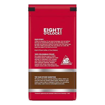 Eight O'Clock Coffee 100% Colombian Peaks Whole Bean Coffee, Medium Roast, 11 Ounce (Pack of 6) - Rich, Winey & Full Bodied