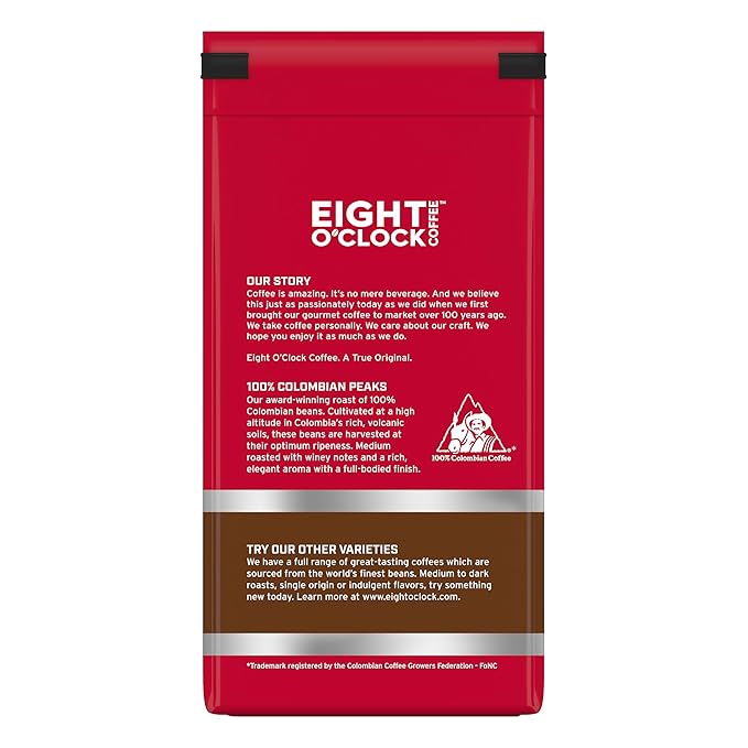Eight O'Clock Coffee 100% Colombian Peaks Whole Bean Coffee, Medium Roast, 11 Ounce (Pack of 6) - Rich, Winey & Full Bodied