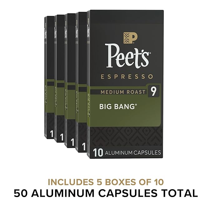 Peet's Coffee, Medium Roast Espresso Capsules, Compatible with Nespresso Original Machines - Big Bang Intensity 9, 50 Count (5 Boxes of 10 Espresso Capsules)