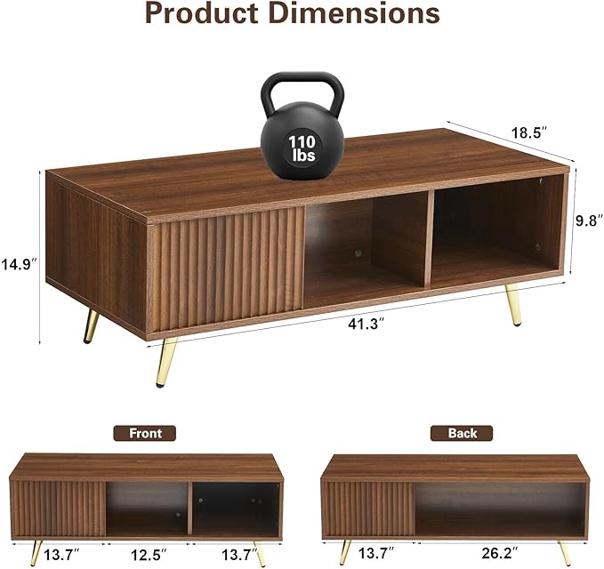 COSVALVE 41.3IN LED Walnut Coffee Tables for Living Room with 16 Colors LED Lights, Modern Minimalist Coffee Table with Fluted Panel, Rectangle Center Table Game Table