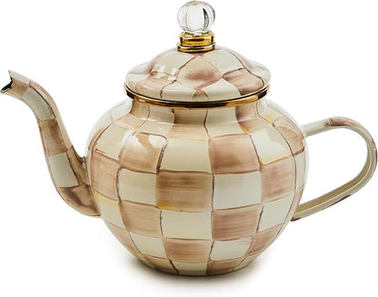 MACKENZIE-CHILDS Enamel Teapot, Cute Small Teapot with Lid, 4-Cup Capacity, Brown-and-White Mocha Check
