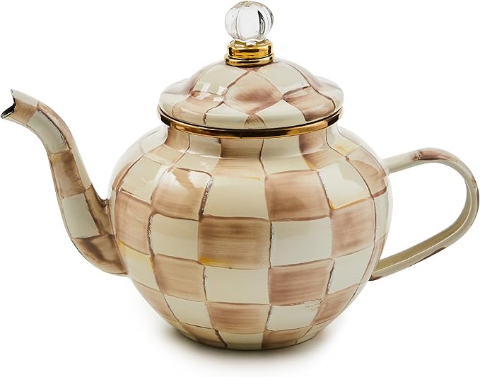 MACKENZIE-CHILDS Enamel Teapot, Cute Small Teapot with Lid, 4-Cup Capacity, Brown-and-White Mocha Check