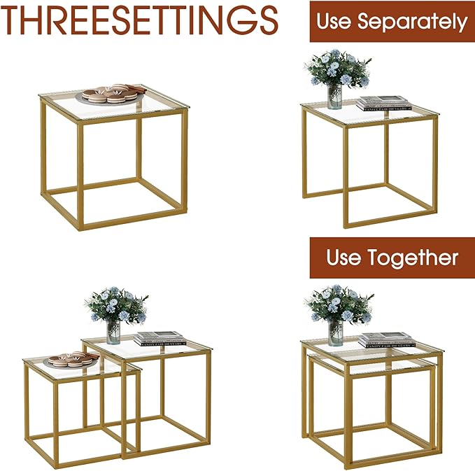 VILAWLENCE Coffee Table Set of 2, Modern Gold Glass Side Table, Metal Frame Square End Table, Center Tables Nesting Coffee Table for Living Room,Bedroom and Small Spaces