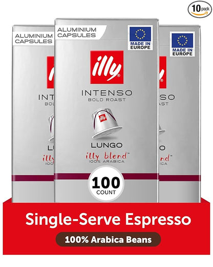 illy Aluminum Espresso Capsules - Compatible with Nespresso Machines - Intenso Lungo Roast Coffee - Bold & Full of Flavor-Notes of Cocoa and Dried Fruit-Single Serve Capsules - 10 Count (Pack of 10)