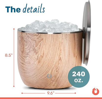 SNOWFOX XL Premium Vacuum Insulated Double Wall Stainless Steel Ice Bucket with Lid/Scoop, Bar Accessories, Large Elegant Party Bucket, Chill Several Bottles, Beautiful Entertaining, 7L, Natural Teak