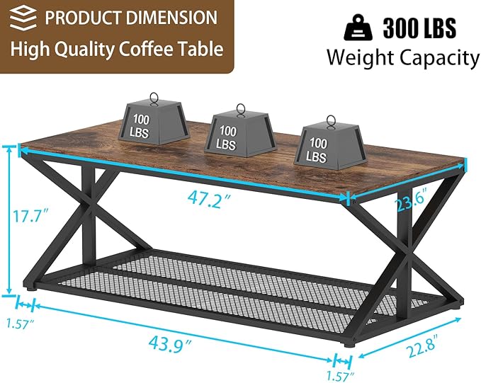 IBF Rustic Brown Coffee Table with Storage, Farmhouse Wood Metal Rectangle Living Room Table, Industrial Middle Center Table with Mesh Shelf, Rustic Brown,47 in