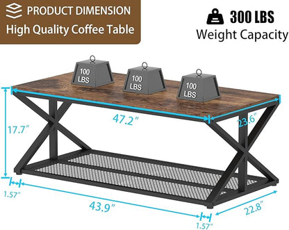 IBF Rustic Brown Coffee Table with Storage, Farmhouse Wood Metal Rectangle Living Room Table, Industrial Middle Center Table with Mesh Shelf, Rustic Brown,47 in