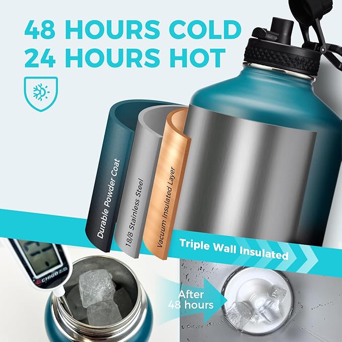 1 Gallon Water Bottle with Straw - 128oz Stainless Steel Water Jug with Sleeve Carrier Bag, Auto Spout Lid, Paracord Handle, Large Insulated Water Bottles Gallon Water Jug, Metal Hydro Thermo Flask