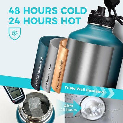 1 Gallon Water Bottle with Straw - 128oz Stainless Steel Water Jug with Sleeve Carrier Bag, Auto Spout Lid, Paracord Handle, Large Insulated Water Bottles Gallon Water Jug, Metal Hydro Thermo Flask