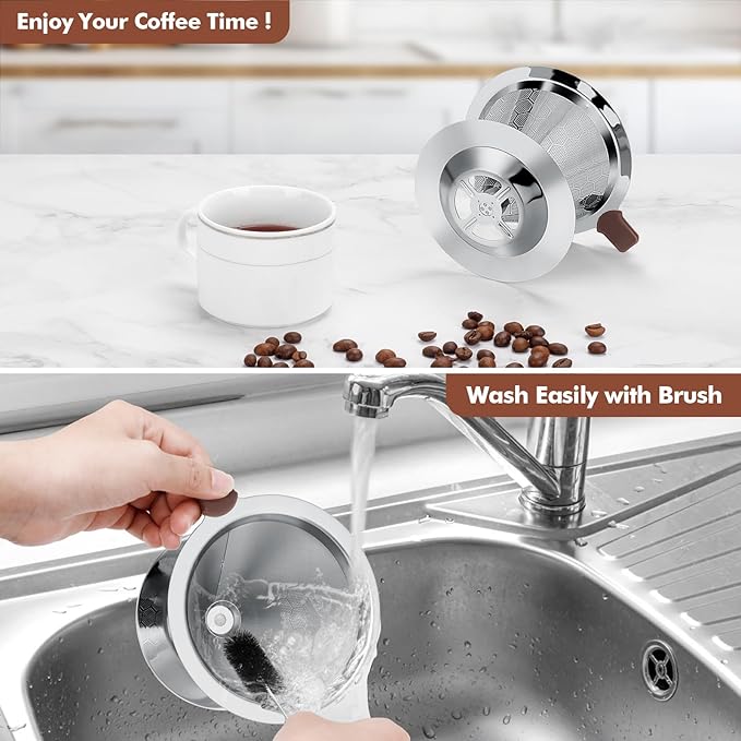 Pour Over Coffee Dripper, LOOFORE Stainless Steel Coffee Filter, Metal Cone Filter Paperless Reusable Coffee Filter Single Cup Coffee Maker 1-2 Cup, with Spoon and Silicone Tray, Cleaning Brush
