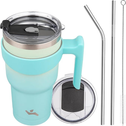 30 oz Tumbler with Handle and 2 Straw 2 Lid, Insulated Water Bottle Stainless Steel Vacuum Cup Reusable Travel Mug, Mint