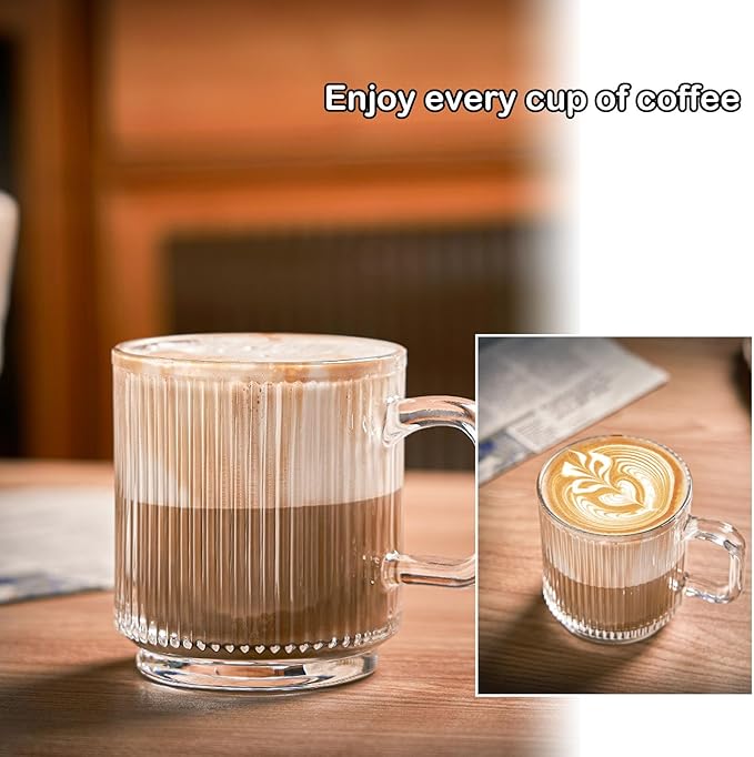 Glass Coffee Mug Espresso Cups for Coffee 12 oz Classical Vertical Stripes Glass Tea Cups Transparent Glasses for Latte Juice Chocolate Gift