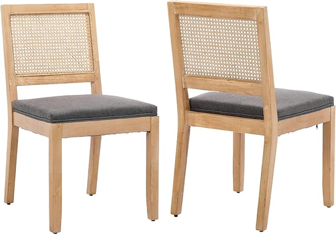 Vintage French Country Dining Chairs Set of 2, Rattan Dining Chairs with a Low Square Back, Grey Upholstered Dining Chair, Sillas para Comedor, Kitchen & Dining Room Chair (Gray, Rattan, 2Pcs)