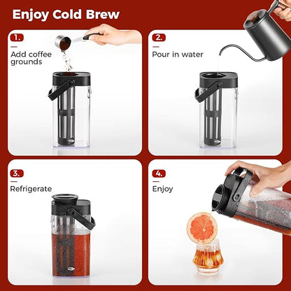 IKAPE 33.8oz Cold Brew Coffee Maker with Removable Filter, Leak-proof Spout for Iced Coffee, Tea & Flavored Drinks, Space Saving Tritan Pitcher