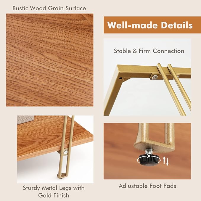 Tangkula Glass Coffee Table, 40In Mid Century 2 Tier Rectangle Coffee Table, Tempered Glass Top & Wood Storage Shelf, Steel Frame, Adjustable Feet, Modern Cocktail Accent Table for Living Room (Gold)