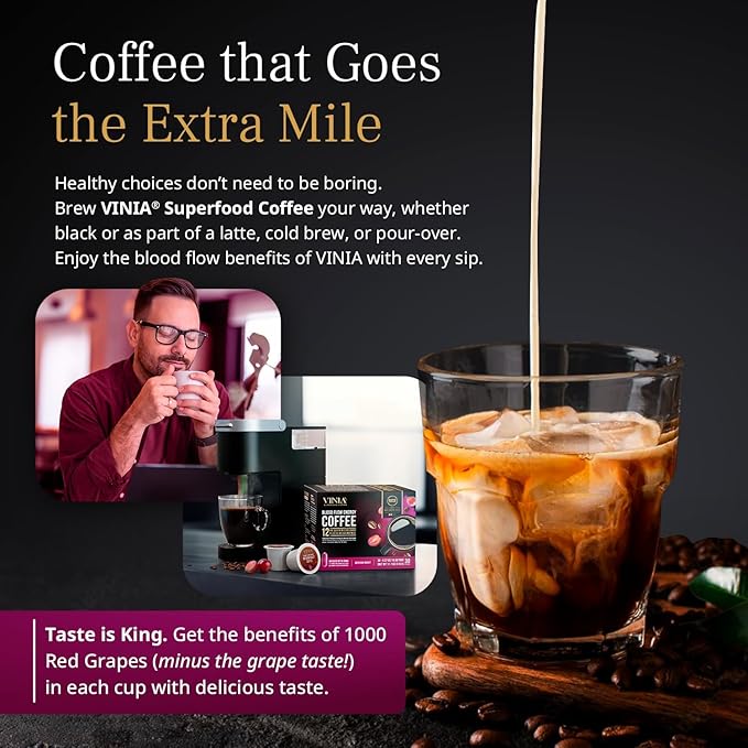 VINIA Blood Flow Energy Coffee Pods - Medium Roast Infused with Red Grape Piceid Resveratrol for Physical Energy & Mental Alertness, Compatible with K Cups Superfood Coffee, Full-Bodied, 30 Ct