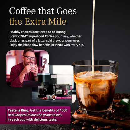 VINIA Blood Flow Energy Coffee Pods - Medium Roast Infused with Red Grape Piceid Resveratrol for Physical Energy & Mental Alertness, Compatible with K Cups Superfood Coffee, Full-Bodied, 30 Ct