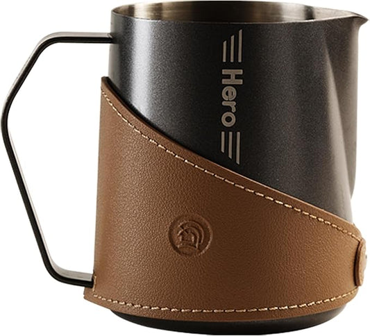Milk Frothing Pitcher 450ml/16oz 304 Stainless Steel Espresso Steaming Pitcher with PU Leather, Milk Frothing Jug,milk frother cup,Milk Jug Cup,Premium Barista Tools,Latte Art (Black,16oz)